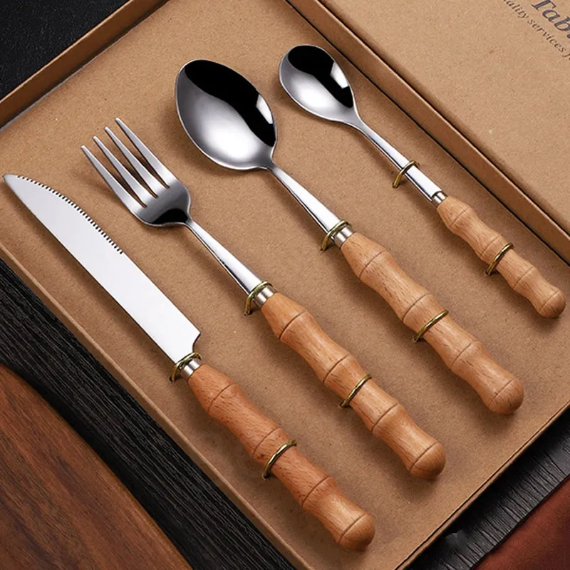 Wood Handle Tableware Set 4Pcs/Set Knife Fork Spoon Dinnerware Stainless Steel Wedding Favour Gift Flatware Steak Knife Scoop BH8546 TQQ