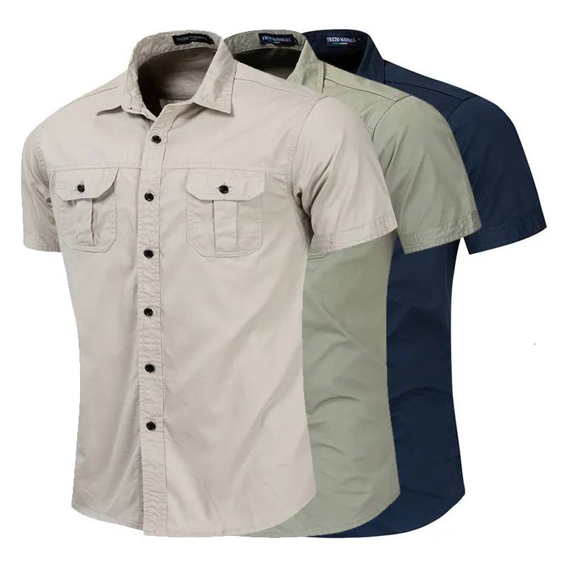 Camisas casuais masculinas camisa masculina camisa casual camisa de negócios curta Camas de carga militar de alta qualidade Camisetas de algodão trabalham com roupas masculinas 230504