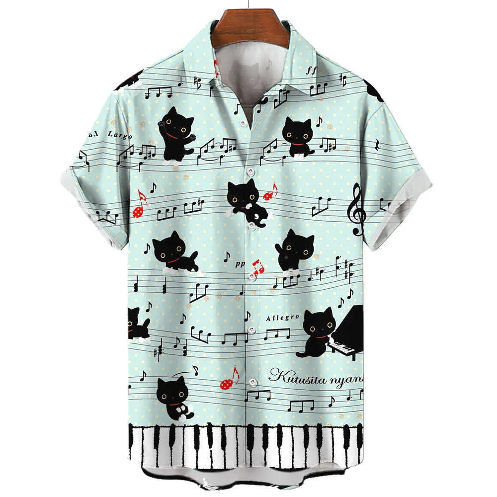 Mäns avslappnade skjortor hawaiian 3d man skjorta djur katt överdimensionerad utomhus casual short hylsa manlig anime tecknad mäns sommarkläder gata toppar 5xl aa230503