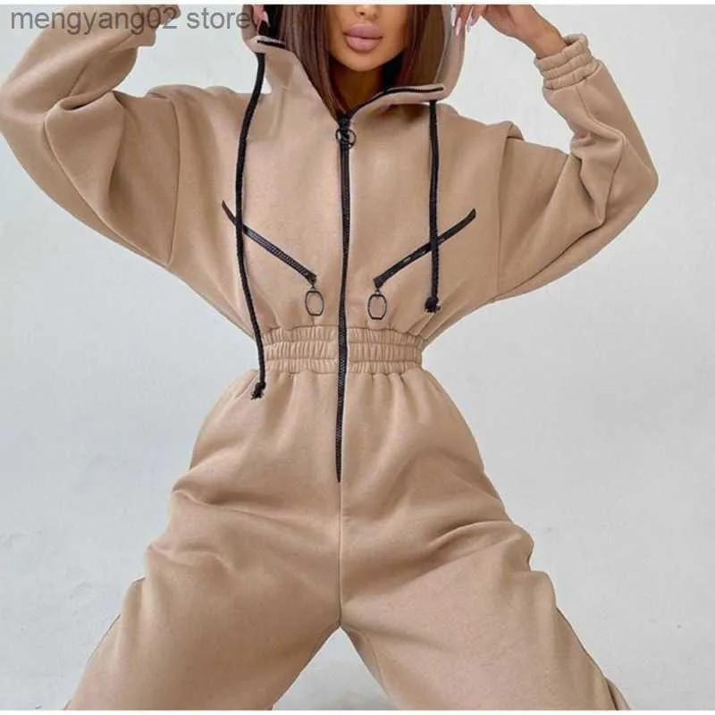 Kobiety Jumpsuits Rompers Winter Hoodie Jobsit Kobiet Romper 2 -częściowy zestaw wysokiej talii długa bluza dresowy zamek błyskawicz