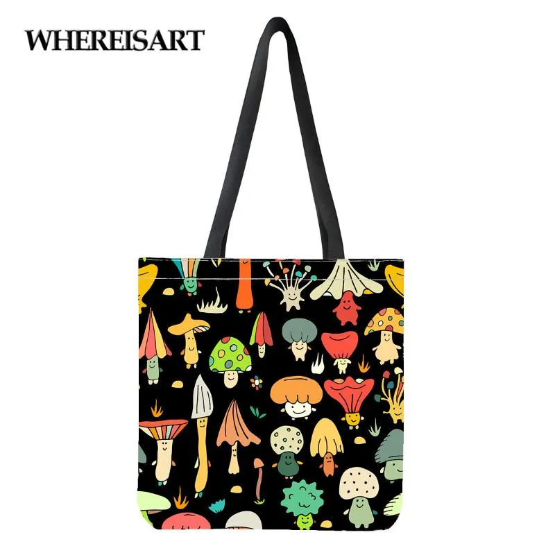 Bolsas de noite onde as bolsas estampadas de cogumelos personalizadas para mulheres de ombro casual para compras reutilizáveis ​​e ecológicas de grande capacidade
