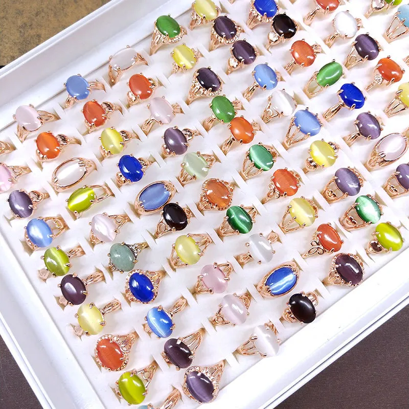 Mix Styles Oval Opal Stone Rings Women Glass Cat`s eye Crystal Bead Finger Ring Party Wedding Street Stalls