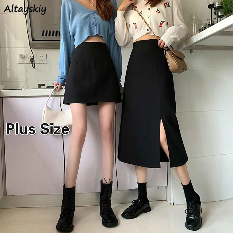 Jupes noires jupes femmes mi-mollet collège Aline taille haute Style coréen Allmatch amis Streetwear Chic femme bas 230504