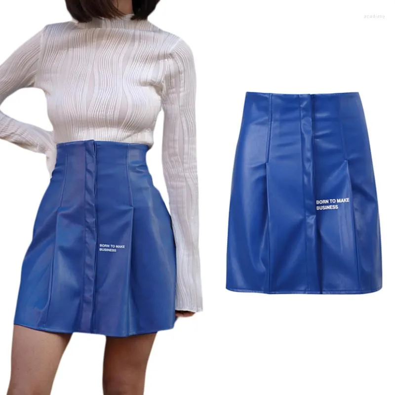 Skirts Ladies Temperament PU Leather Bust Skirt Girls Leisure Style Letter Printing High Waist Ruched Slim Short Hip