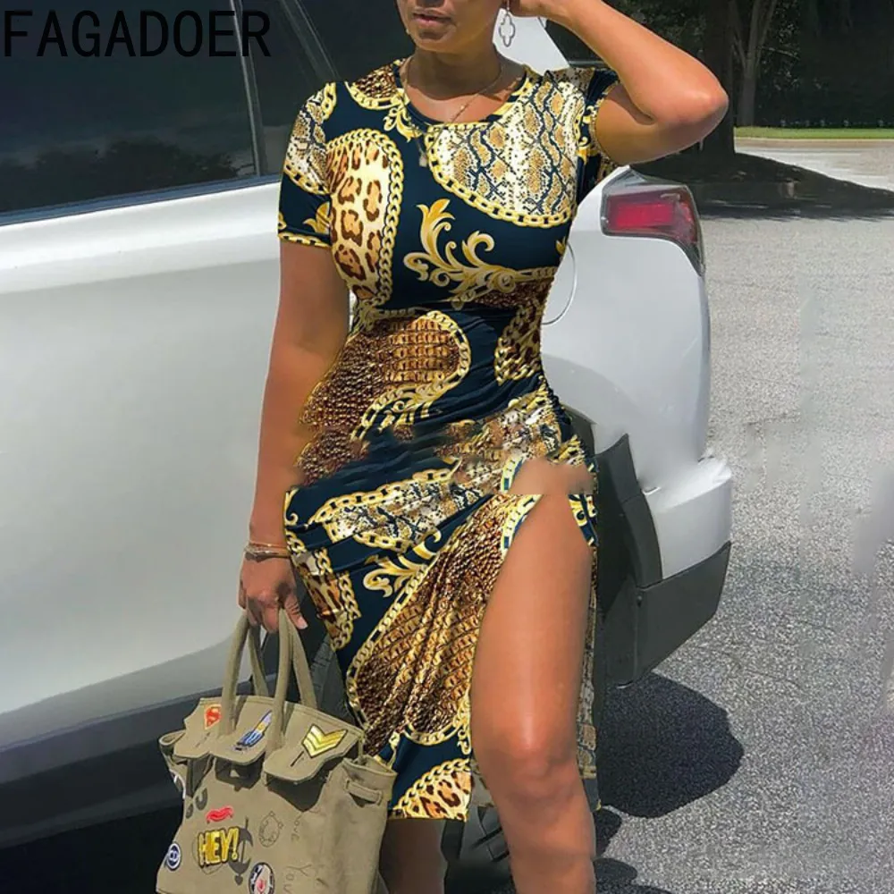 Robes Décontractées FAGADOER Sexy Moulante Plissée Côté Fente Genou Femmes Impression Col Rond À Manches Courtes Robe De Mode Mince Partie Vestidos 230504