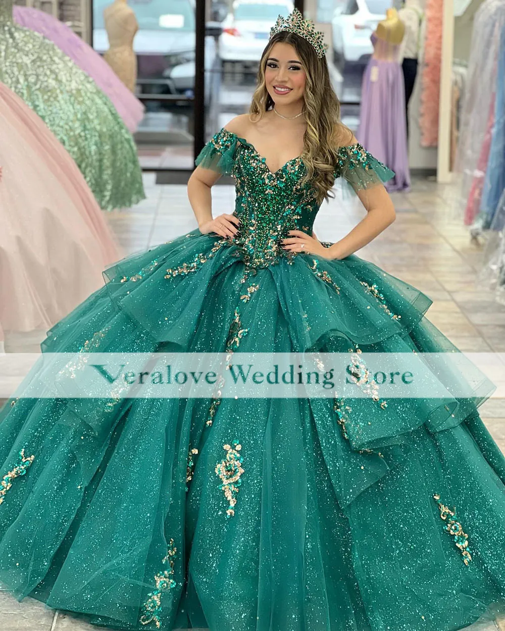 Dark Green Mexi Princess Quinceanera Dresses 2023 Off Axel paljetter Sweet 15 16 Dress Ball Gown Prom Clows