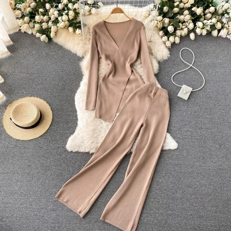 Women's Two Piece Pants Light Mature Wind Temperament V-neck Irregular Open Top High Waist Drape Wide Leg Knitting Two-piece Set