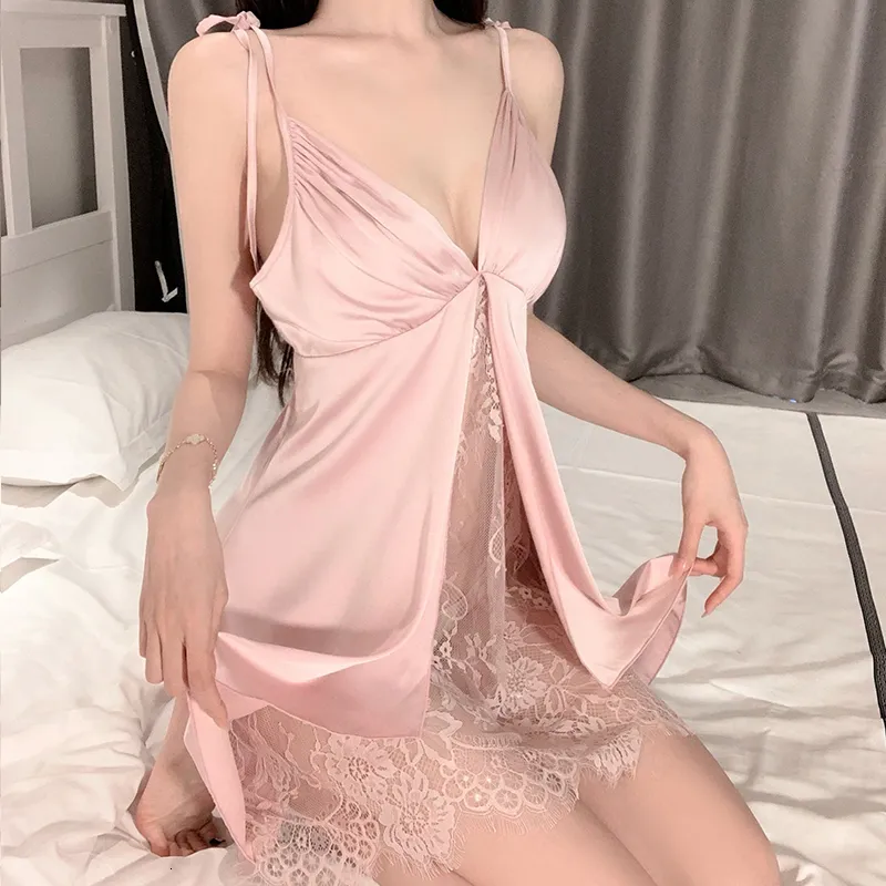 Seksowna piżama kobiety seksowna erotyczna zawiesia bielizny nocne z pustą nocną sukienką koronką babydoll v-de-de-neck satynowe nocne Nighties 230504