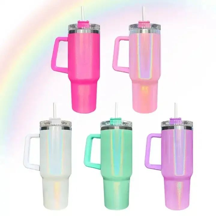 Rainbow Glitter 40oz Tumbler Travel Mugs Glossy Water Bottle Cup Vacuum Insulated with Lid Straw Handle For Outdoor