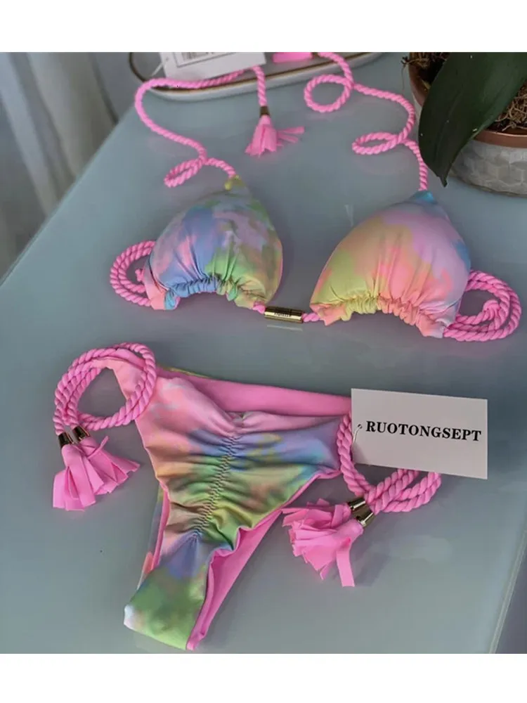 Bikini's set sexy badmode bikini set vrouw badpakken bikini's geweven zwempak dames veter omhoog driehoekige split bikini print zwempak 230503