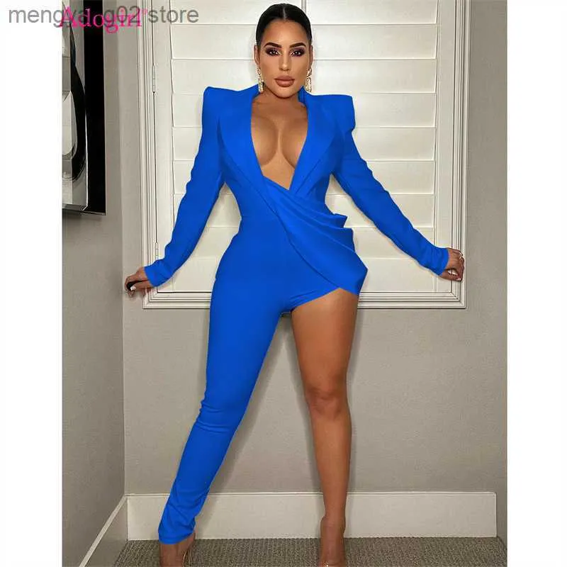 Women's Jumpsuits Rompers Adogirl One Leg Blazer Jumpsuit Women Sexy Deep V Neck Padded Shoulder Long Sleeve Party Overalls Female Fashion Romper Outfits T230504