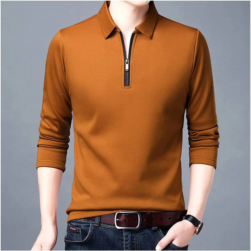 Polos pour hommes, couleur unie, revers, manches longues, col avec fermeture éclair, mode printemps et automne, hauts fins et amples décontractés, 230504