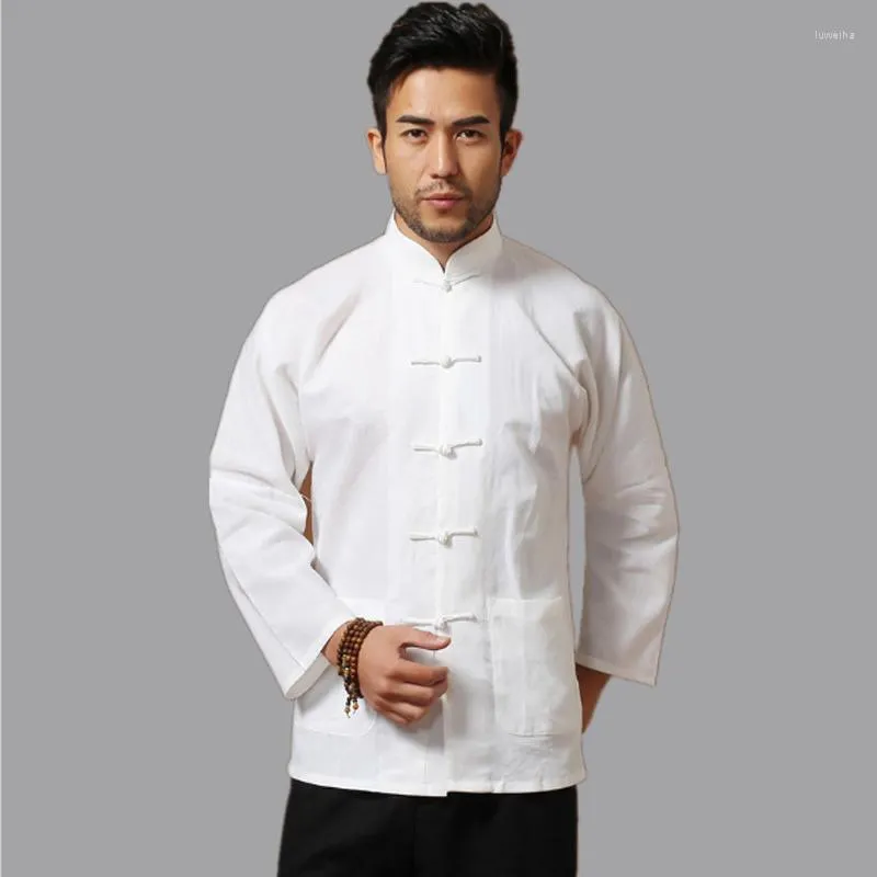 Men's T Shirts White Men Cotton Linen Long Sleeve Shirt Classic Chinese Style Tang Clothing Size T-Shirts For Male Tops Hombre