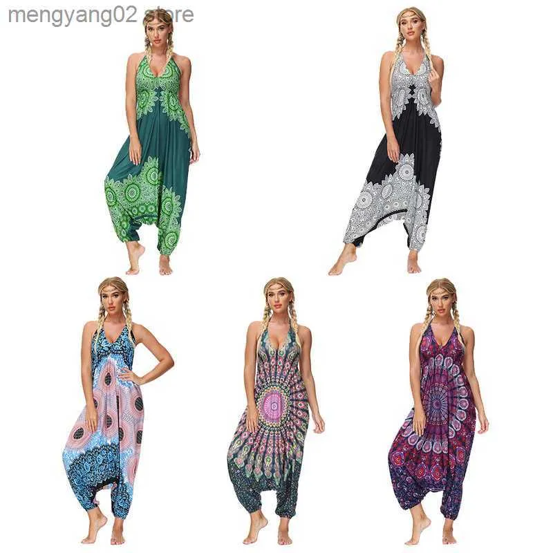 Damen-Overalls Strampler Helisopus Tie-Dye Bohemian Sling Jumpsuit Ärmelloser rückenfreier Tie-Overall mit tiefem Schritt Haremshose Lässige Hippie-Damenbekleidung T230504