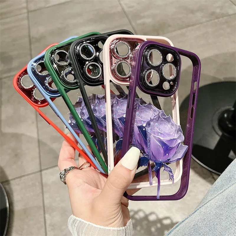 mode glitter diamant gehard glas transparant hoesje voor iphone 15 14 13 12 11 pro max plus matte bloem cartoon cover bumper camera schokbestendig bescherm achterkant behuizing