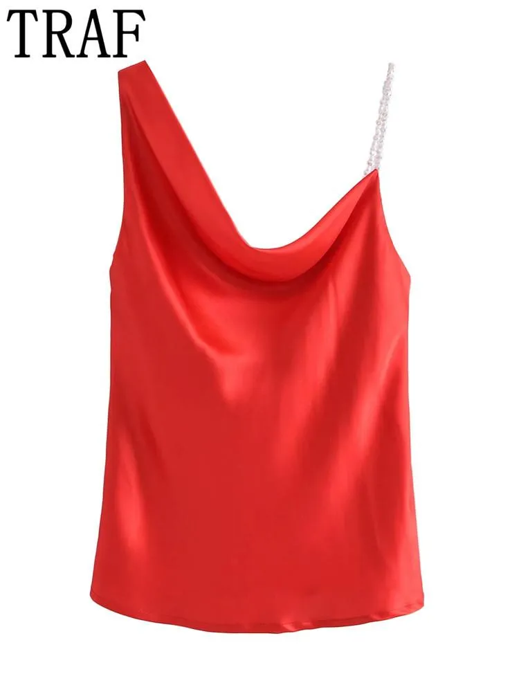 TシャツTRAF女性トップフェイクパール非対称のトップ女性サテンレッドトップパーティーバックレスセクシートップ