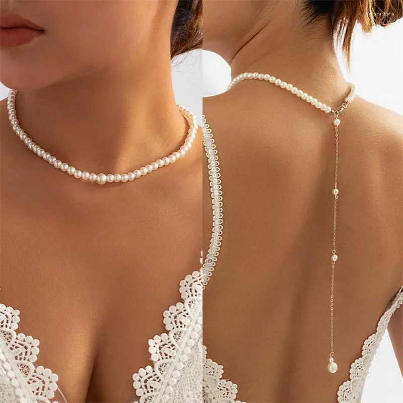 Chaînes Efily élégant perle dos goutte collier longue chaîne de mariée bijoux couleur argent mariage toile de fond pour robe dos nu cadeau