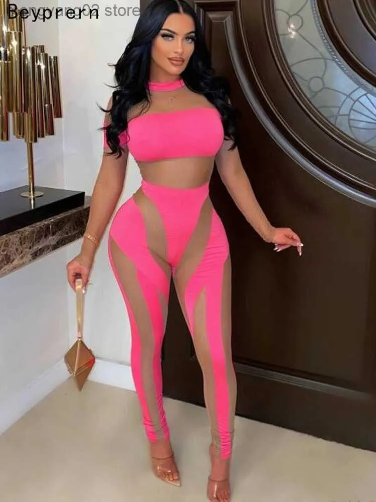 Combinaisons pour femmes Barboteuses Fashion Pink Nude Mock Neck Sheer Mesh Combinaisons à manches longues Womens See-Through Skinny Barboteuses Neon Outfits Active Wear T230504