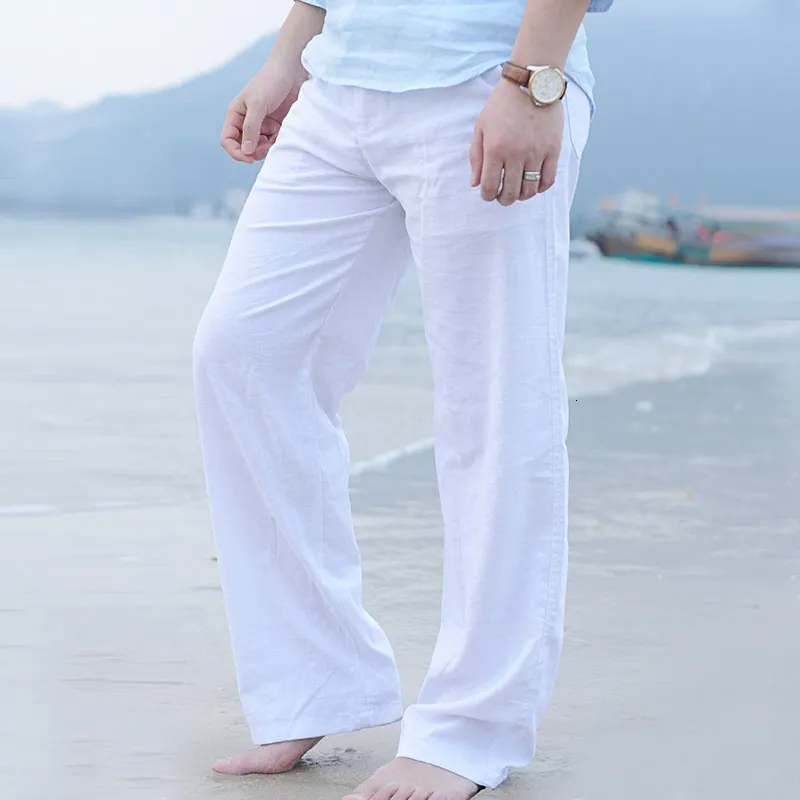 Men's Pants Men Casual Cotton Linen Wed Leg thai fisherman Loose Long Pant White Black Solid Color Autumn Summer M-3XL 230504