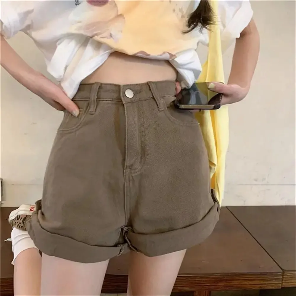 Shorts femininos marrom rolado perna larga denim shorts mulheres coreano retro cintura alta casual calças jeans coreano verão solto uma linha shorts femme 230504