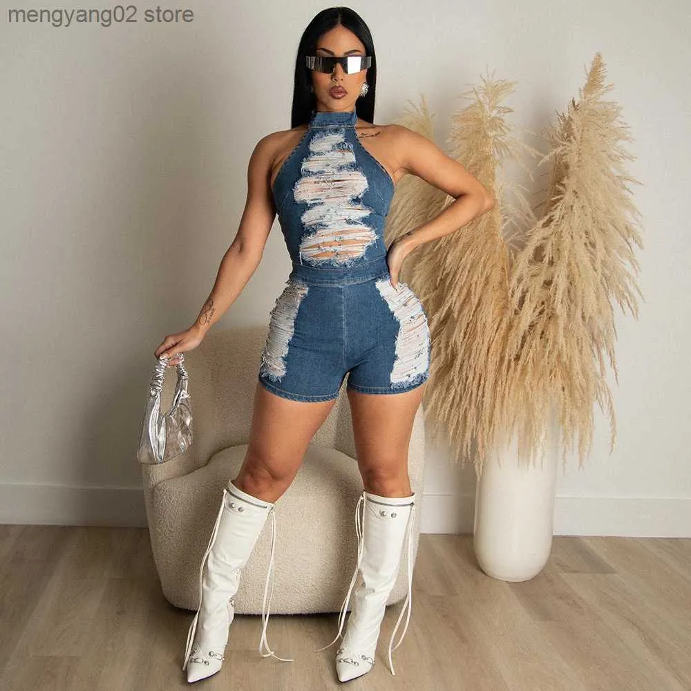 Women's Jumpsuits Rompers Echoine Sleeveless Halter Denim Playsuit Sexy Hollow Out Hole Tassel Jeans Summer Party Club Women Jumpsuit Streetwear Outfits T230504