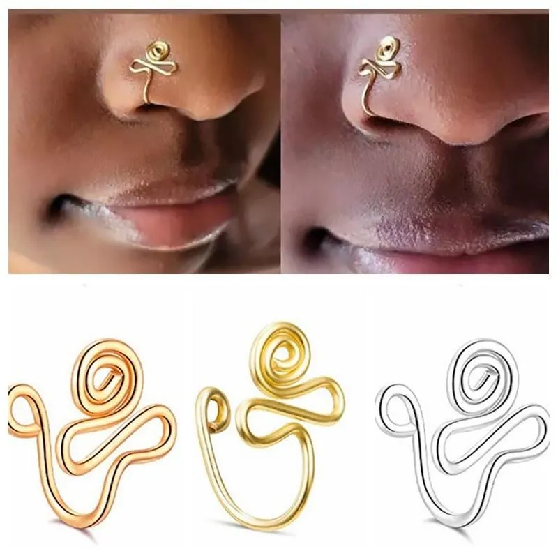 Copper Wire Spiral Fake Piercing Nose Rings Punk Gold Silver Color Clip Nos Clip Cuff