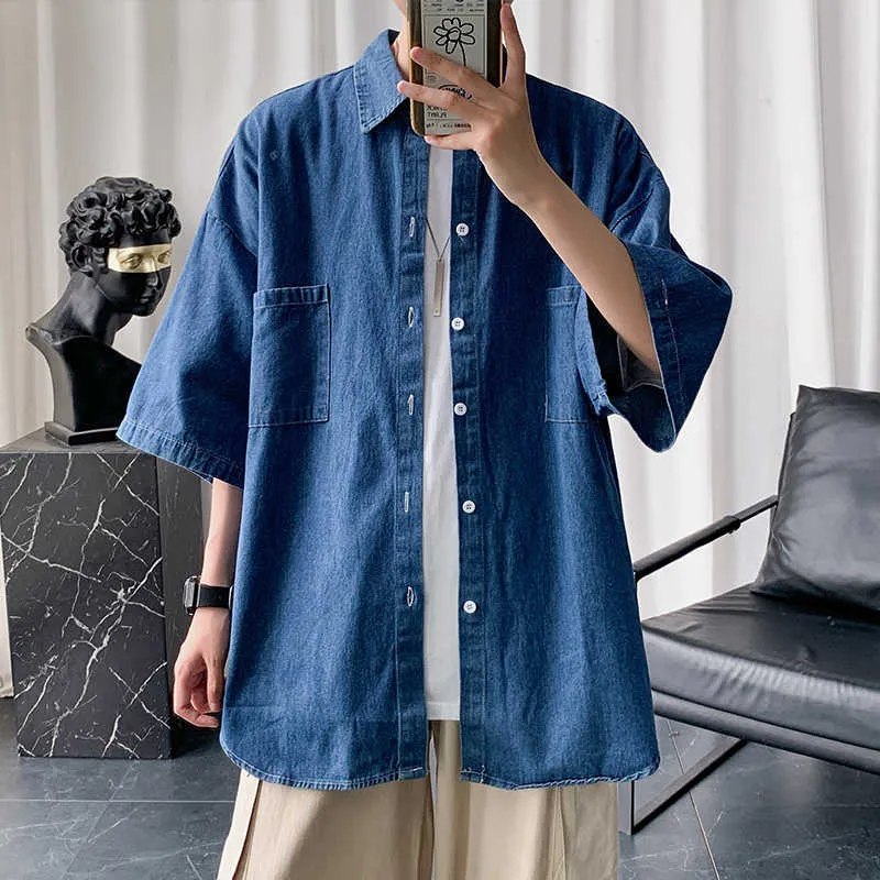 Men's Casual Shirts Blue Denim Short Sleeve Shirts Men Summer Thin Korean Fashion Top Vintage Oversize Baggy Cardigan Blouses Casual Man Y2K Clothes AA230503