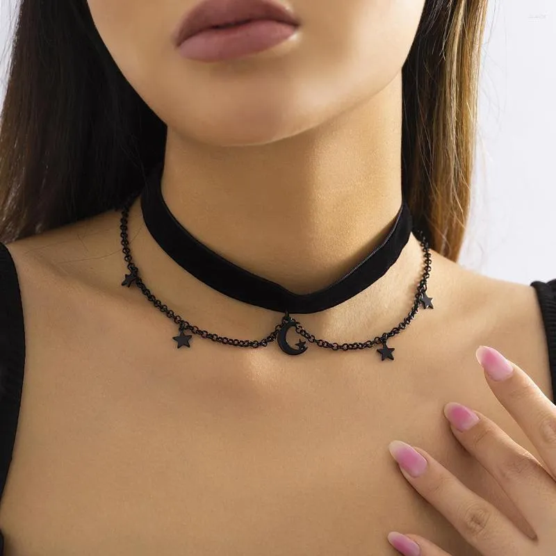 Kedjor koreanska mode svart sammet choker halsband för kvinnor goth moon stjärna pendell elegant estetiska kpop smycken collier femme