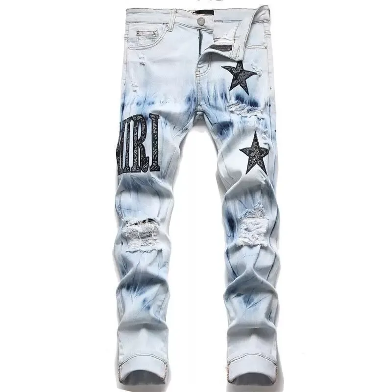 Jeans jeans europeu jean hombre letra estrela masculina bordada retalhos de retalhos rasgados para tendência Marca motocicleta calça de calça magra