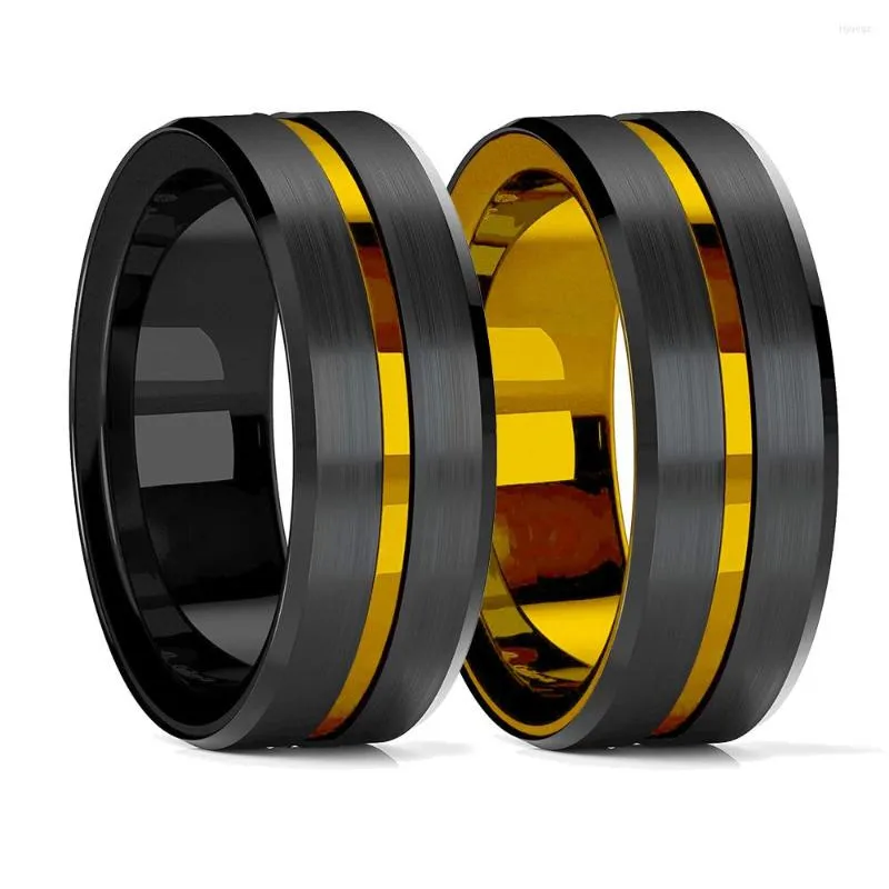 Pierłdy ślubne moda 8 mm złoty kolor rowka fazowa pierścionka wolframowa krawędzi dla mężczyzn czarny szczotkowany stalowy zaręczyny męski zespół