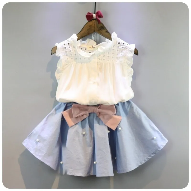 Clothing Sets 2 8 Years Kids Clothes for Girls The Bow Skirt and Lace Top Summer Suit Korean Style Children s Baby Toddler Set 230504