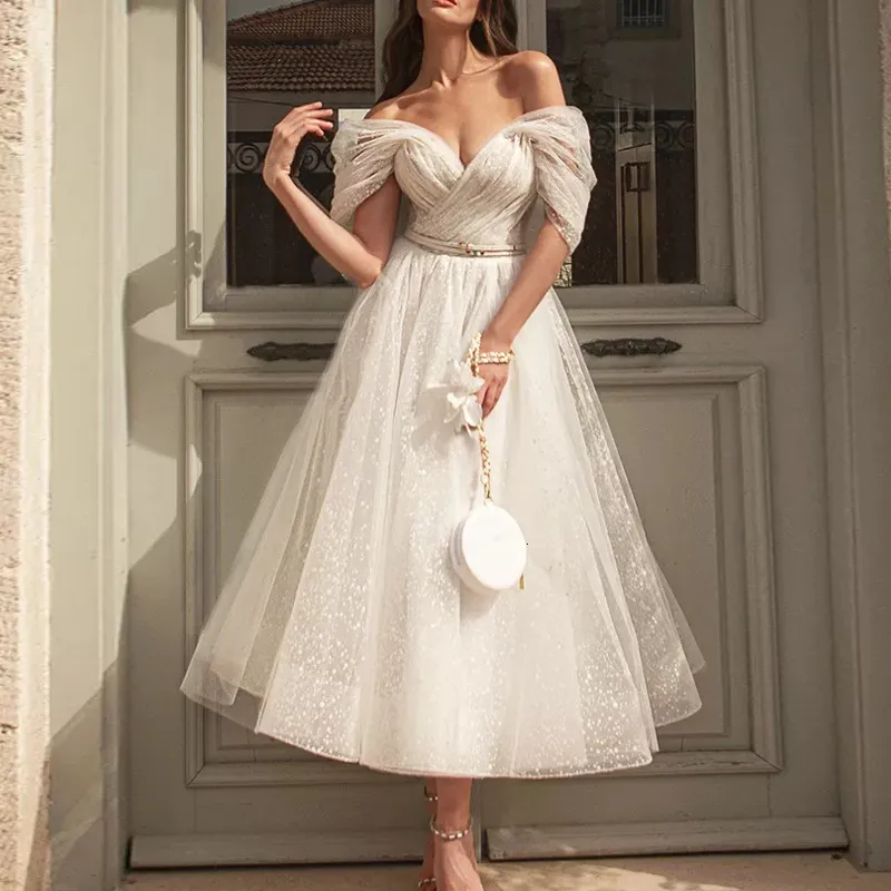 Party Dresses Elegant Women Midi Prom Dress Princess Off The Shoulder Tulle Party Skirts Criss Cross Neck Sparkle Bridesmaid Wedding Dresses 230504
