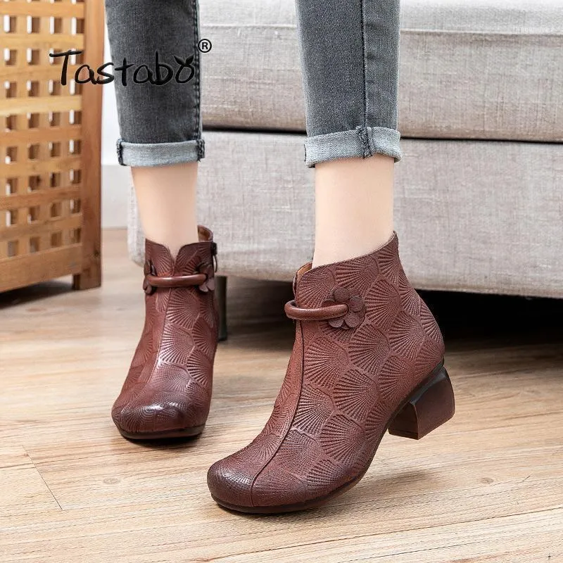 Boots Spring Autumn Women Genuine Leather Thick Heels Ankle For Shoes Retro Flower Zipper Short S20683