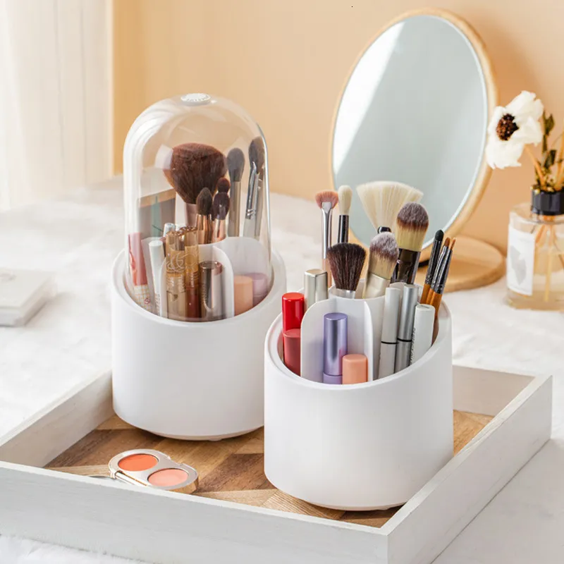 Förvaringslådor BINS 360 ° Roterande sminkborstagring Box Portable Desktop Cosmetic Organizer Lipstick Eyebrow Pencil Eye Shadow Brush Holder 230503