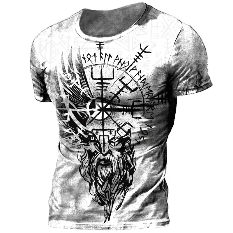 Мужские рубашки Retro Viking Tattoo 3D Print T Рубашки Summer Odin Crew Nece Shape Row -рукав повседневные топы