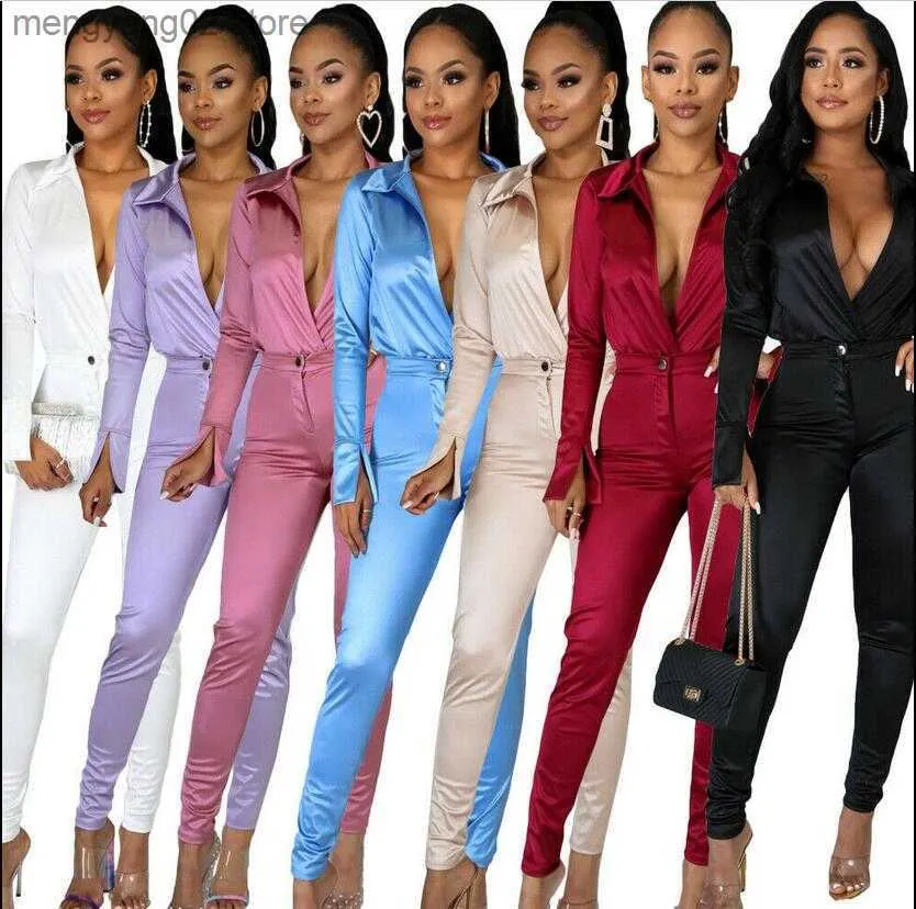 Kvinnors tvåbitar byxor Kvinnor ol Satin Suit Solid Color Long Sleeve V Neck Lapel Short Jumpsuit+Pencil Pants Tracksuit S-2XL 15Color T230504