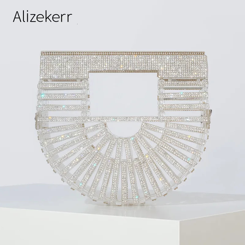 Abendtaschen Mini Klar Acryl Abend Clutch Geldbörsen Damen Designer Kette Transparent Aushöhlen Halbrund Umhängetaschen Hochzeit 230504