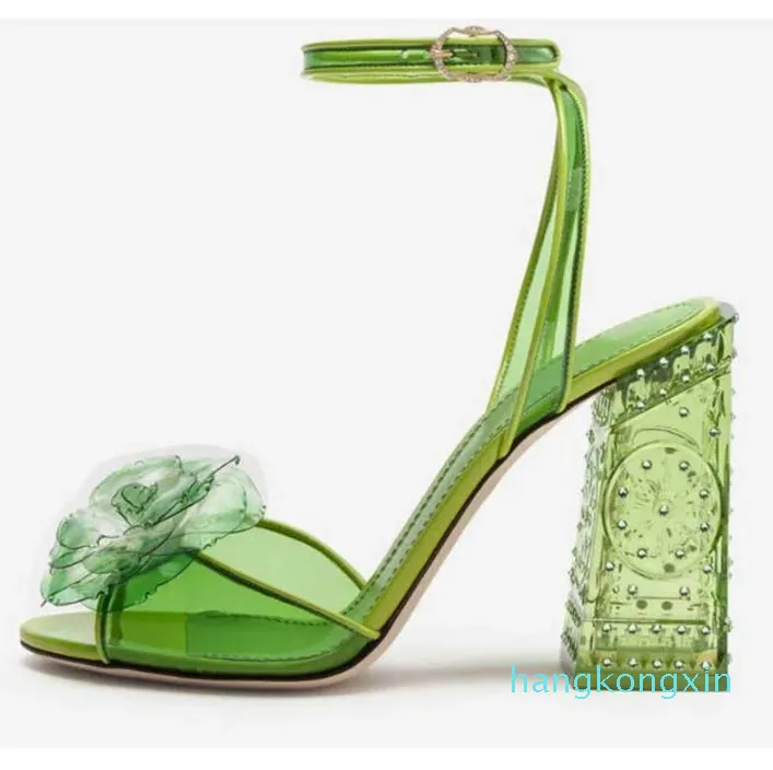 Sandalias de gelatina, zapatos de flores de PVC dulces, sandalias de fiesta de Color caramelo con punta abierta y tacón grueso transparente para mujer