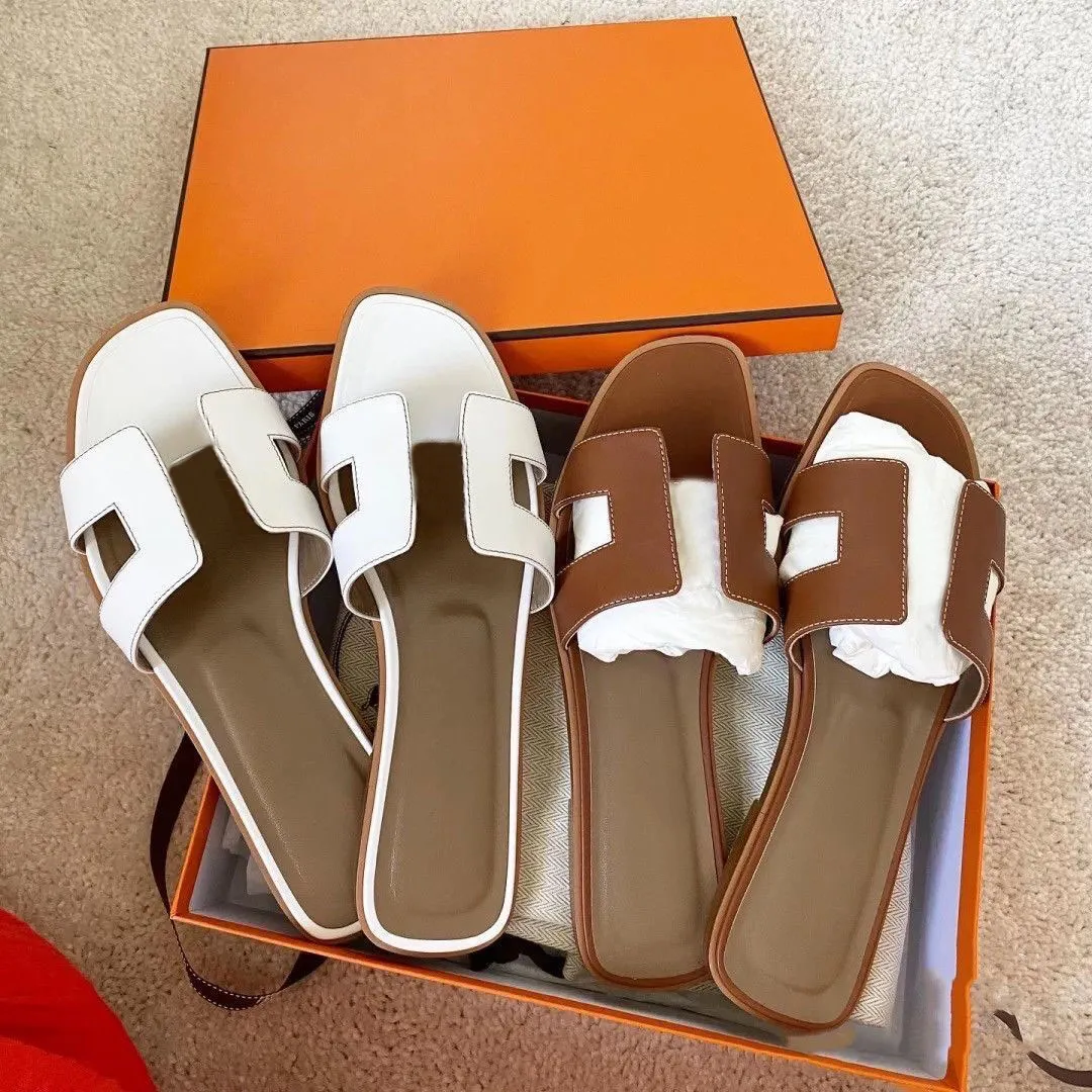 Designer de luxe en cuir dames sandales été chaussures plates mode plage femmes pantoufles H lettre glisser 35-42