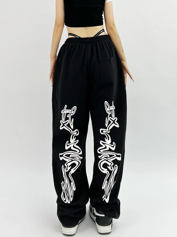 Calças femininas Capris Houzhou Hip Hop Gothic Black Joging Sweatpante de moletom de tamanho Y2K KPOP KPOP Baggy Troushers Harajuku Graphic Wide Leg Sports 230503