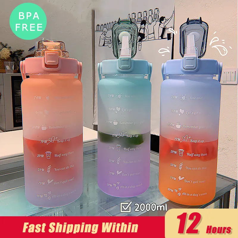 Tubllers 2L Water Bottle z znacznikiem czasowym dla Dziewczynki Dzbanki fitness Duża pojemność Portable Sport Gym Butelka z słomką BPA za darmo 230503