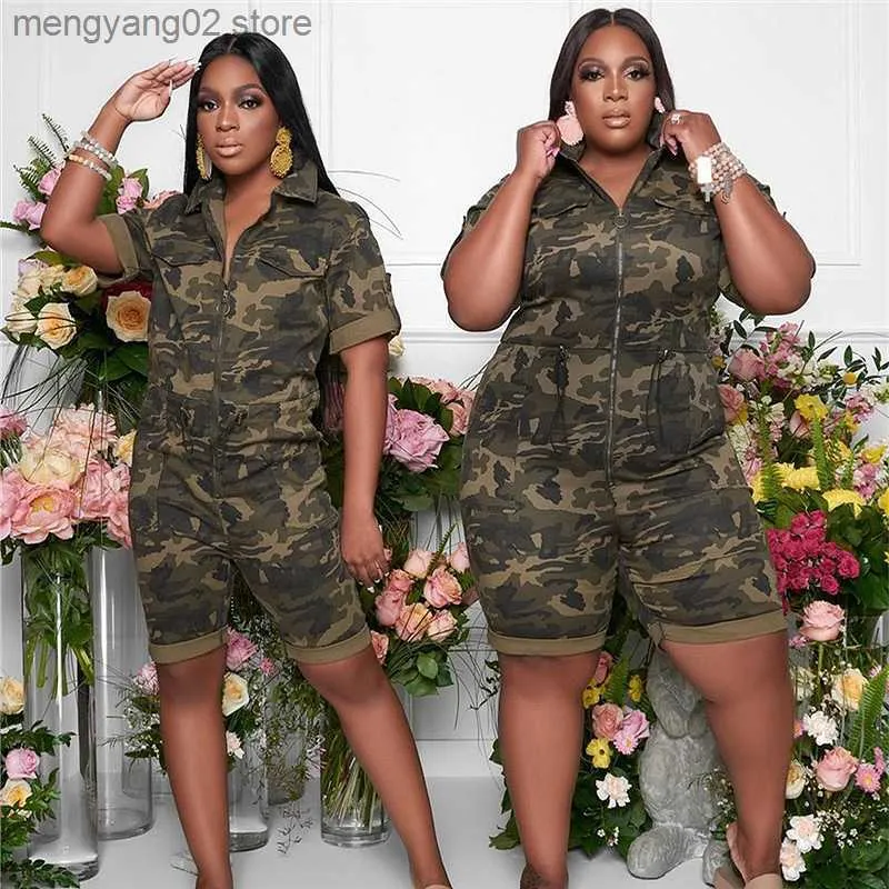 Kvinnors jumpsuits rompers plus size Women s-4xl 5xl sexig streetwear camo pockekts dragkedja sexiga jumpsuits kamouflage tryckt romper playsuits overall kvinnor t230504