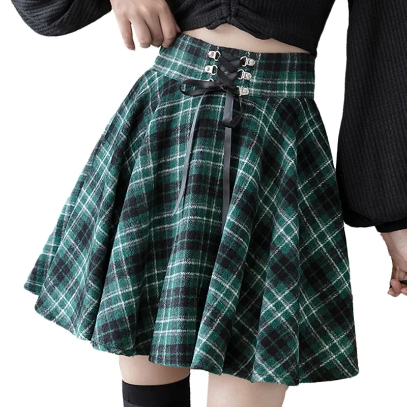 Skirts Gothic Punk Harajuku Women Skirt Plaid Print Lace Up Hip Hop Winter Casual Green Grey Red Goth Pleated Woolen Skater Streetwear 230504