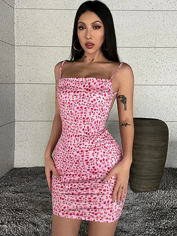 Casual Dresses Flower Print Slip Sleeveless Backless Slim Sexy Maxi Dress 2023 Spring Women Elegant Streetwear Fashion Vintage Gala