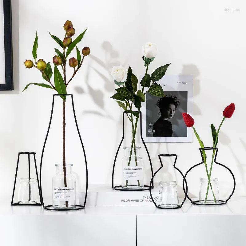 Vases Ligne De Fer Noir Vase Arrangement De Fleurs Artisanat Pot De Plantes Rose Tulipe Titulaire En Métal Style Nordique Maison Jardin De Mariage DIY Décoration