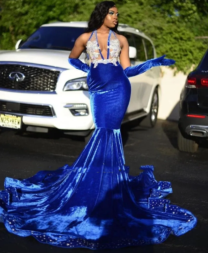 Royal blue top velvet prom dress