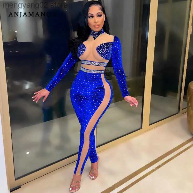 Kobiety Jumpsuits Rompers Sparkle Rhinestone Mesh Velvet BodyCon Jumpsuit Luksusowe przyjęcie urodzinowe dla kobiet seksowna odzież klubowa D35-GF32 T230504