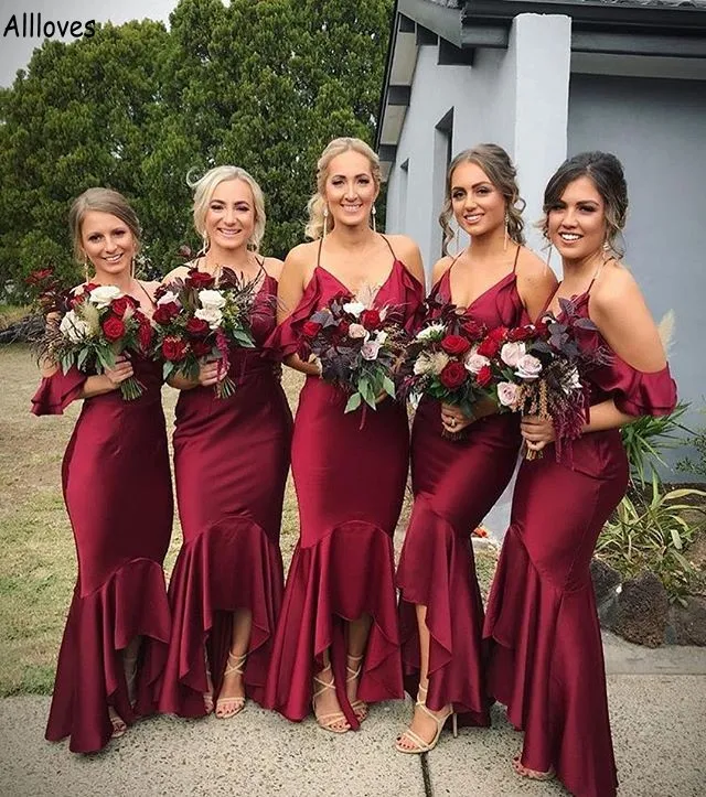 Burgundy Trumpet Long Bridesmaid Dresses Sexy Spaghetti Straps Simple Elegant Maid Of Honor Gowns Plus Size Hi-lo Rustic Country Wedding Guest Party Dress CL2231