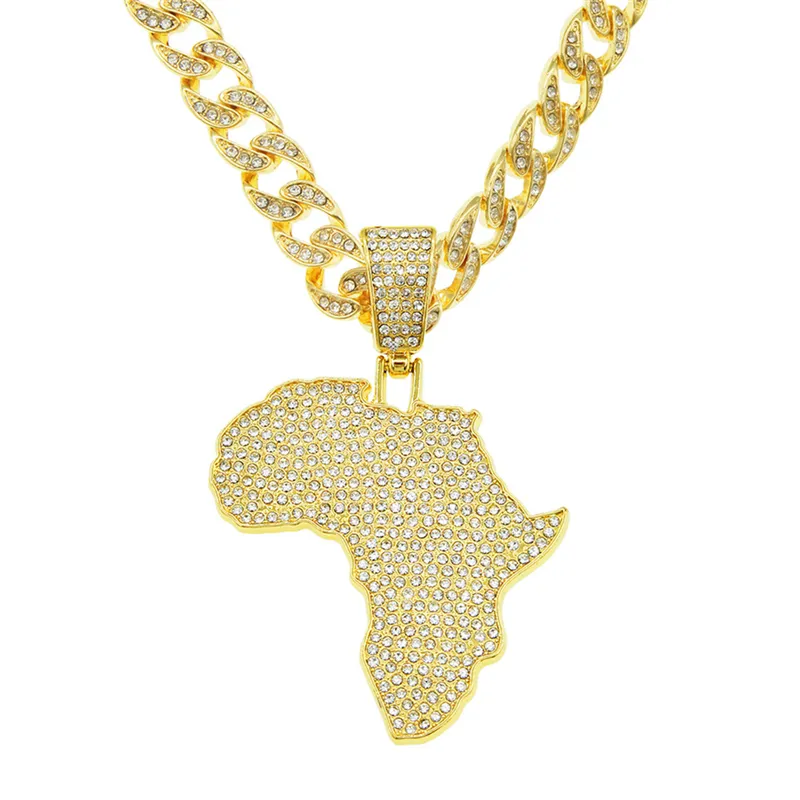 Collier pour hommes chaîne Cuban Link Chaînes Gold Out Out Bijoux Full Diamond Map Pendante Collier de chaîne cubaine