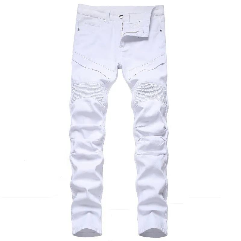 Herr jeans män vita mager jeans plus storlek 28-42 europeisk amerikansk smal fold trend motorcykel cyklist jeans denim byxor no bälte 230503